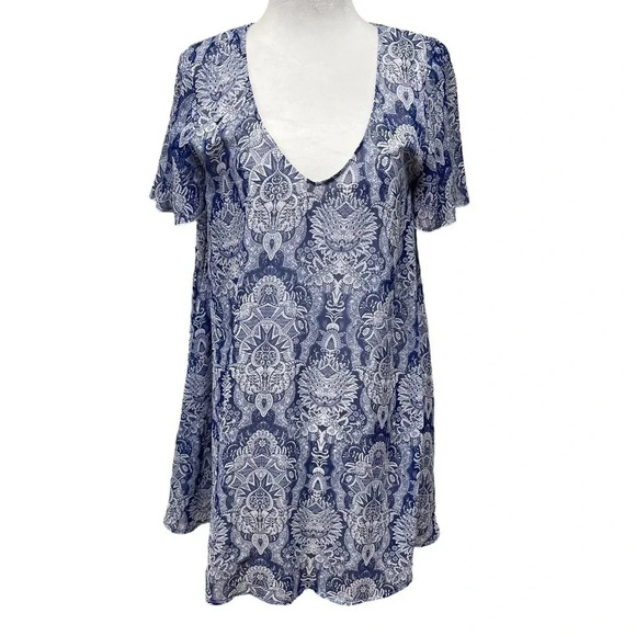 Show Me Your Mumu Kylie Mini Dress. Medium. Blue Floral Short Sleeves, V-neck. - Picture 1 of 4